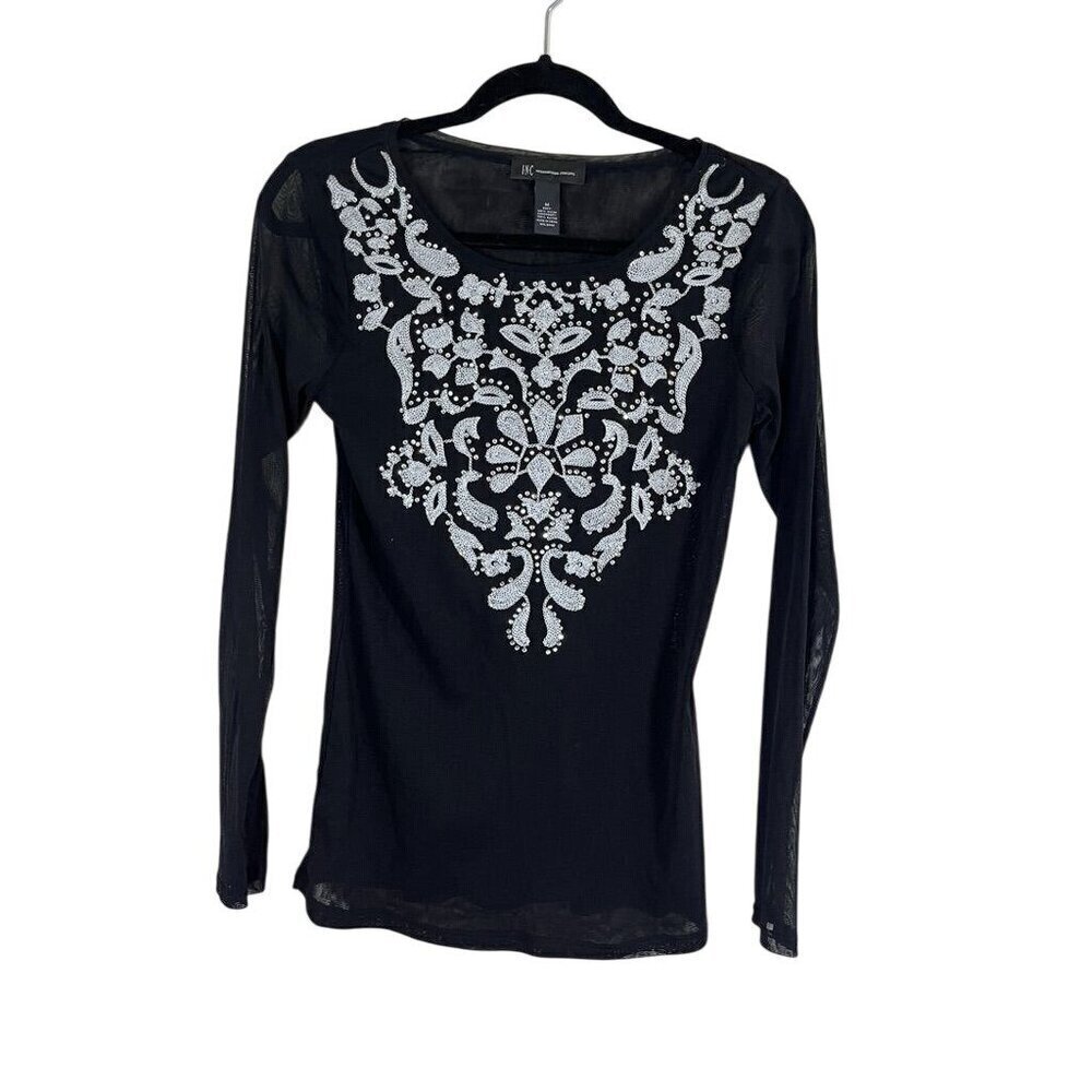 INC Top Women M Black‎ Mesh Floral Rhinestone Y2K Western Fairy Whimsigoth Goth